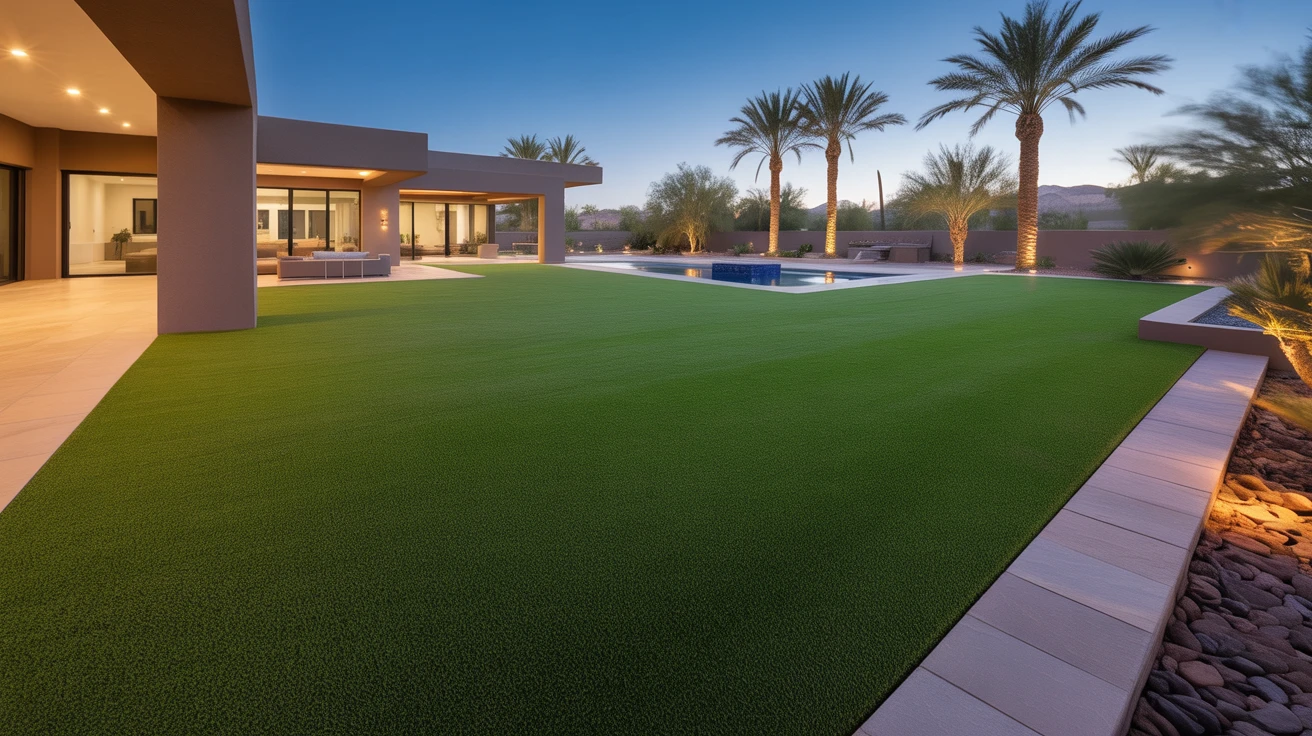 Luxury Scottsdale home with beautifully installed artificial turf lawn at dusk
