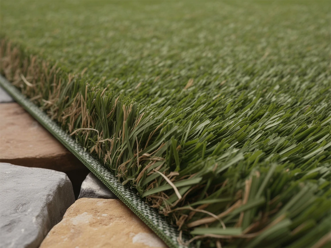 Close-up of premium artificial turf grass blades showing realistic texture and color variation