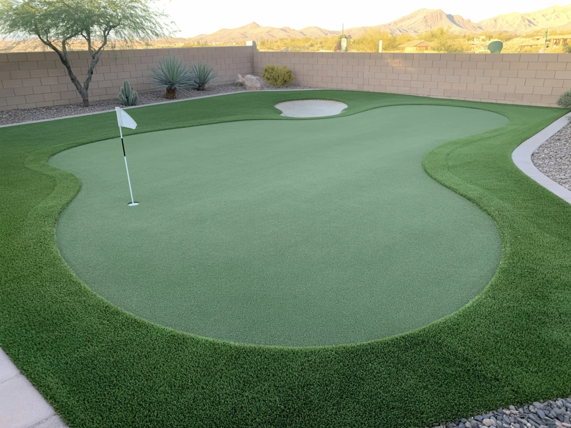 Custom backyard putting green with artificial turf and mountain views